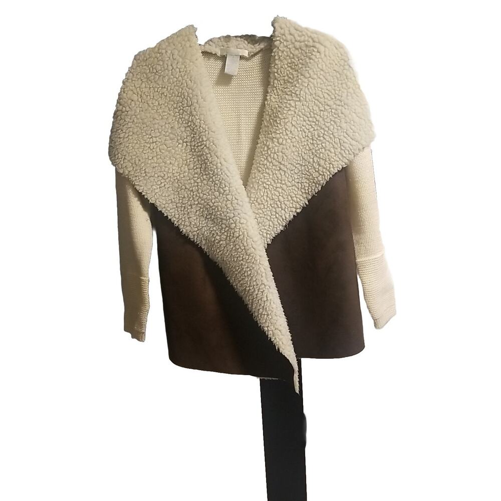 Design History Women's Size S Brown Shearling Open Front Ribbed Knit Cardigan